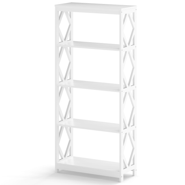 Costway Υψηλή, λευκή, ξύλινη βιβλιοθήκη με ρομβική δομή, πέντε ραφιών. 155 x 30 x 70 cm JV13240WH