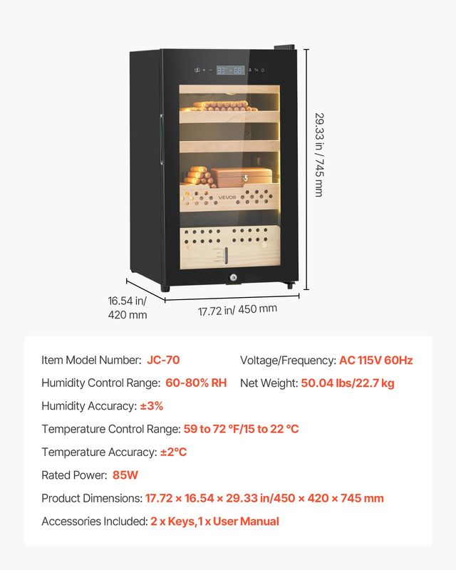 VEVOR Ηλεκτρικός Υγραντήρας Πούρων 70L, Διαστάσεις 450x420x745mm DXQBSJYSJZL7O0ZUJ001V2