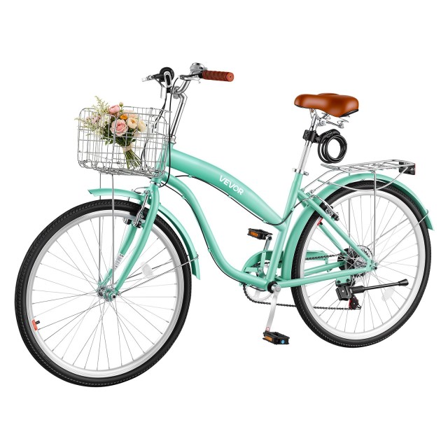 VEVOR Γυναικείο Ποδήλατο Beach Cruiser 66 cm, 7 Ταχυτήτων, Πλαίσιο Carbon Steel, 150 kg, Καλάθι, Πίσω Σχάρα, V-Brakes, Ανοιχτό Πράσινο SGXYJZXCQLSSBSZ6U001V0