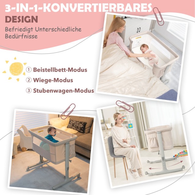 Costway  Φορητή 3-σε-1 Βρεφική Κούνια με 5 Επίπεδα Ρυθμιζόμενο Ύψος & Αναπνεύσιμο Δίχτυ Μπεζ 93 x 69 x 76 εκ. BC10112BE