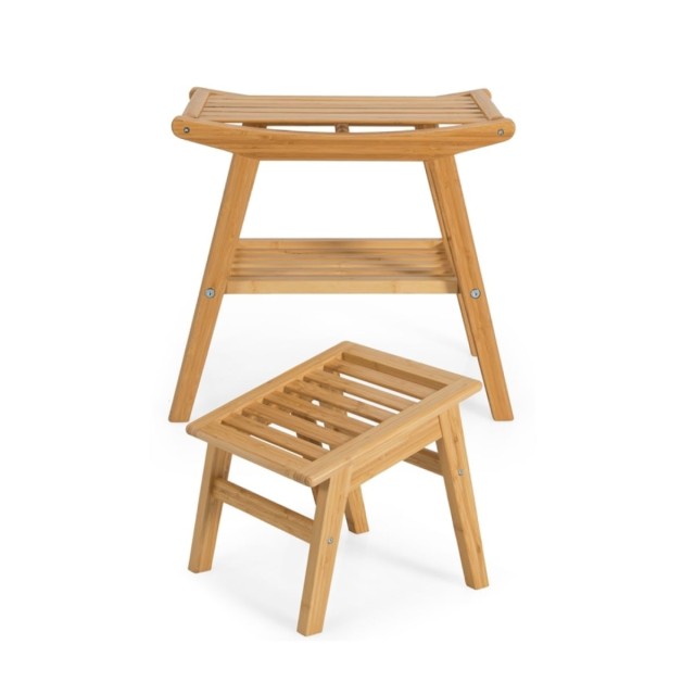 Costway Μπαμπού Πάγκος Ντους και Υποπόδιο - Φυσικός Σκαμπό Μπάνιου για Ντους BA8183NA