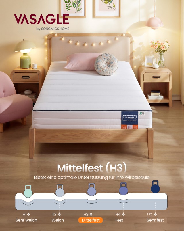 VASAGLE Στρώμα Μονό Gel Memory Foam 90 x 200 εκ., H3, 7 Ζωνών Στήριξης, 16 εκ. RMZ112W101