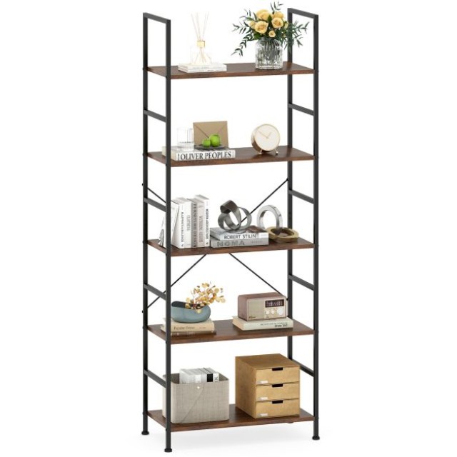 Costway Βιβλιοθήκη με Ανοικτή Διαχωριστική & Μεταλλικό Σκελετό σε Ρουστίκ Καφέ  160 x 60 x 30 εκ JV13112BN
