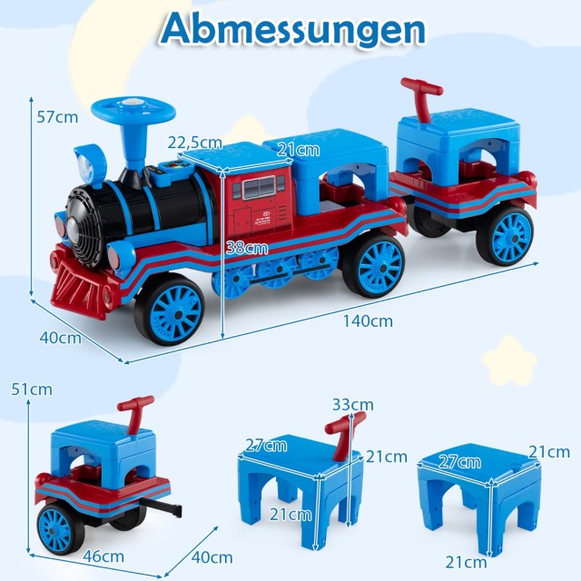 Costway Ηλεκτρικό Όχημα για Παιδιά 12V, Μπλε Τρενάκι 3 Θέσεων με Αποσπώμενα Καθίσματα TQ10340DE-LH