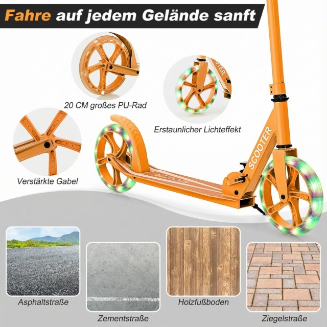 Costway Πτυσσόμενο πατίνι με 2 ρόδες LED, ρυθμιζόμενο ύψος, αντοχή έως 100 kg, πορτοκαλί, 96 x 35 x 88 cm SP38153OR