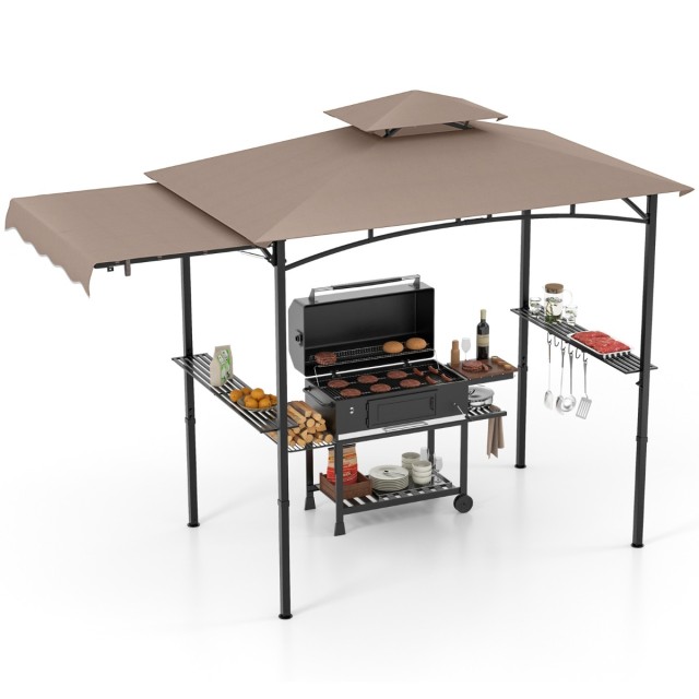 Costway Πέργκολα BBQ με Διπλή Οροφή, Πλευρική Τέντα, Ράφια & Γάντζους Καφέ NP11863CF
