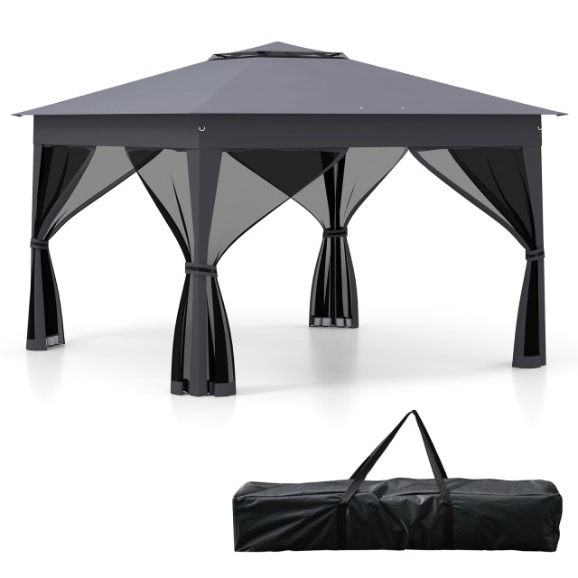 Costway Πτυσσόμενο κιόσκι κήπου Pop-Up 3,4 x 3,4 μ. με 4 κουνουπιέρες, διπλή οροφή και τσάντα μεταφοράς, γκρι, 260 x 337 x 337 cm NP12383GR