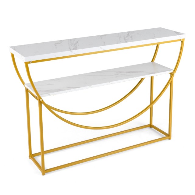 Costway Ανθεκτικό Τραπέζι Κονσόλας 120 x 30 x 80,5 cm με Ψεύτικη Μαρμάρινη Επιφάνεια και Χρυσό Μεταλλικό Πλαίσιο, 2 Επιπέδων με Ρυθμιζόμενα Πόδια και Προστασία Ανατροπής JV12417WH
