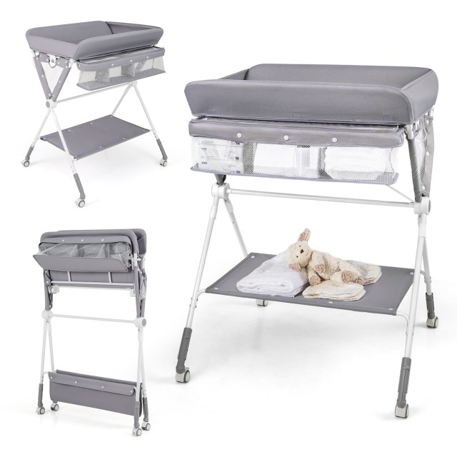 Costway Φορητή πτυσσόμενη αλλαξιέρα με ρυθμιζόμενο ύψος 3 θέσεων και φρενάροντες τροχούς, γκρι AC10044GR