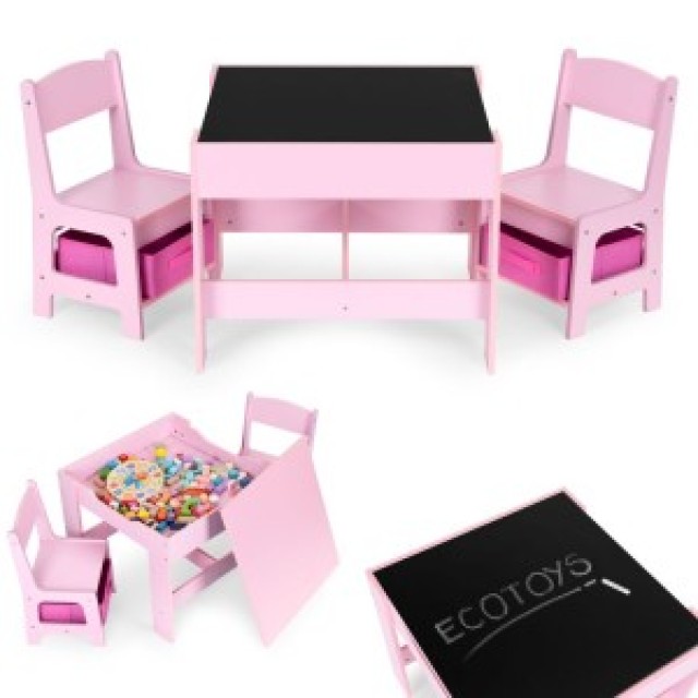ECOTOYS Σετ επίπλων για παιδιά τραπεζάκι + 2 καρέκλες με πίνακα κιμωλίας ροζ ZKC-1B