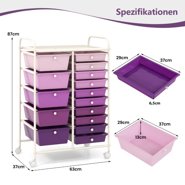 Costway Πολυλειτουργικό Ρολλάζ Πολυκαινησίας με 15 Στοιβαζόμενα Συρτάρια, Μωβ 62,5 x 37 x 87 εκ. HW53825PU