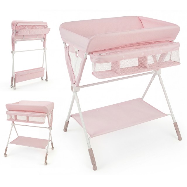 Costway Φορητό πτυσσόμενο τραπέζι αλλαξιέρας με ρυθμιζόμενο ύψος 3 επιπέδων και ροδάκια με φρένο, ροζ AC10044PI
