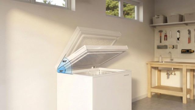 CECOTEC Οριζόντιος Καταψύκτης 143L, Bolero CoolMarket Chest 143P White E –Καλάθι με Λαβές, Ηλεκτρονικός Έλεγχος LED, Αθόρυβος 37dB, UltraContact D-Cool, Dual Function, Πόρτα ZeroG (80°-30°), Fast Freezing, Συμπαγής Σχεδιασμός CEC-113715