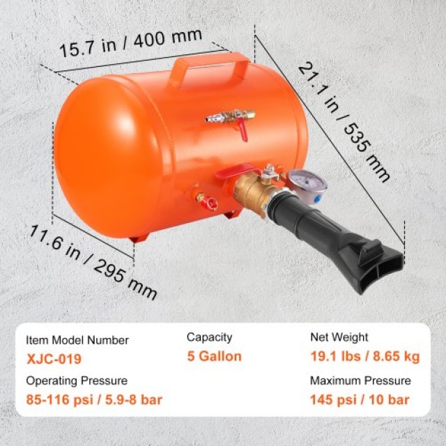VEVOR Φουσκωτής Ελαστικών 5L με Μανόμετρο, 145 PSI για Αυτοκίνητα & ATV  LTB5GAL145PSI1HJXV0