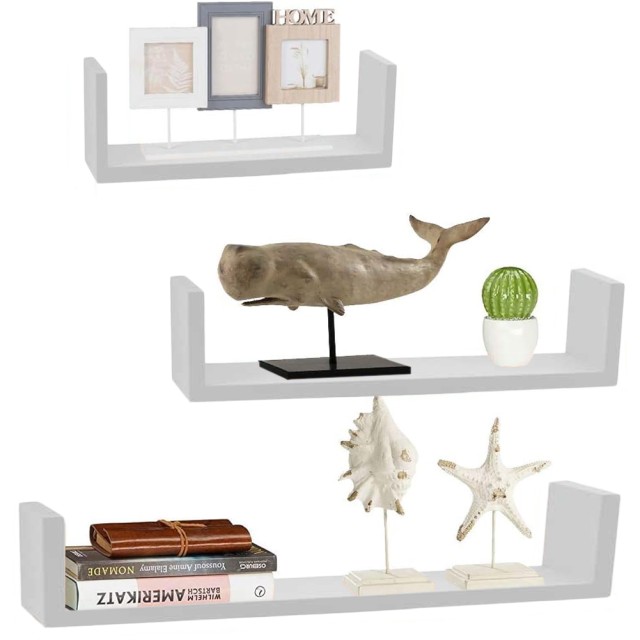 BAKAJI  Σετ 3 Μοντέρνα Ράφια Τοίχου Σχεδιασμού με Άκρα Ράφι Λευκό Μαργαριτάρι  02840353