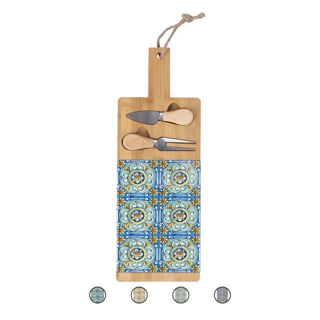 Galileo Σετ ξύλινη πιατέλα και 2 μαχαίρια τυριού από μπαμπού με μεσογειακή διακόσμηση 15x42cm Sibilla 5919444