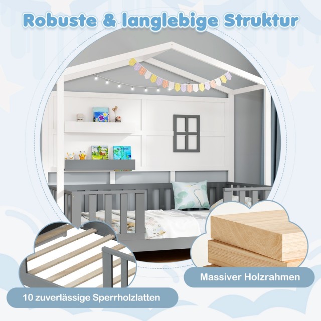 Costway Παιδικό Κρεβάτι Montessori 90 x 200 cm Σπιτάκι από Μασίφ Ξύλο με Ράφια και Προστατευτικά Κάγκελα HU10793WHT+