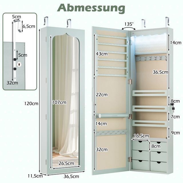 Costway Ντουλάπι κοσμημάτων με LED, κλειδωμένο επιτοίχιο/πόρτα με καθρέφτη & 6 συρτάρια - Πράσινο HW63090GN