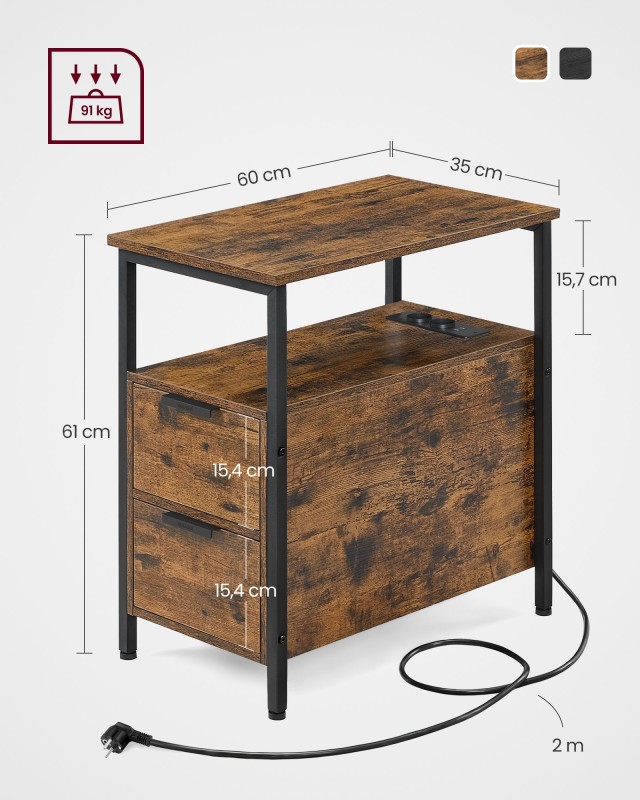 Τραπέζι VASAGLE με Πρίζα, 2 Συρτάρια, Vintage Καφέ/Κλασικό Μαύρο&nbsp;