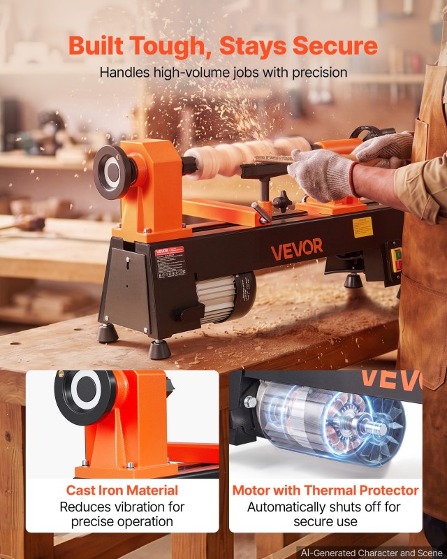 VEVOR Ξύλινος τόρνος πάγκου 1/2 HP 254 x 465 mm, 5 ταχύτητες 650/1100/1600/2200/3200 RPM TSMGCC25K05H128L7001V2