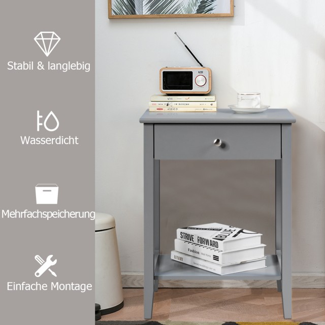 Costway Δίπατο Ξύλινο Γκρι Κομοδίνο με Συρτάρι HW65744GR