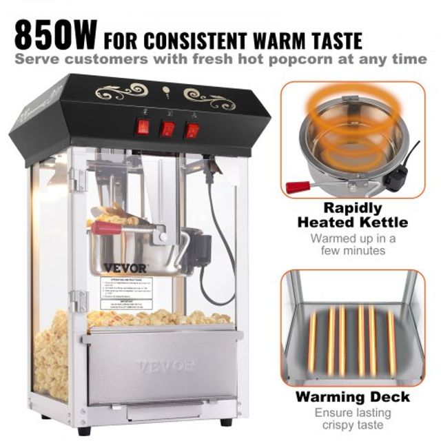 VEVOR Μηχανή Ποπκόρν Πάγκου 850W 8 Oz 48 Κούπες Μαύρη TSBMHJ8OZ850M1C6BV2