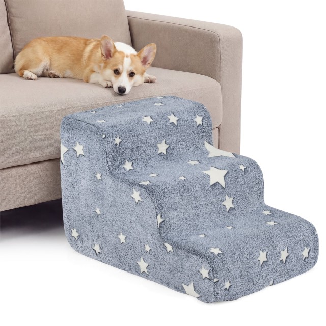 Costway Φωσφορίζουσα Αφρώδης Σκάλα 3 Σκαλοπατιών για Σκύλους με Πλενόμενο Κάλυμμα Φανέλας, Γκρι, 39 x 40,5 x 60 cm PW10158GR