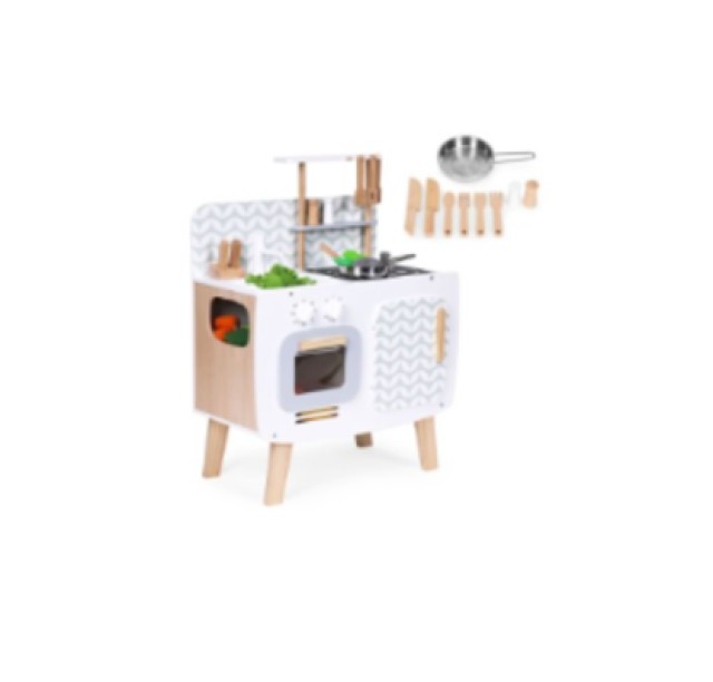ECOTOYS Ξύλινη παιδική κουζίνα ρετρό με φούρνο, καυστήρες, νεροχύτη και μαγειρικά αξεσουάρ W10C863