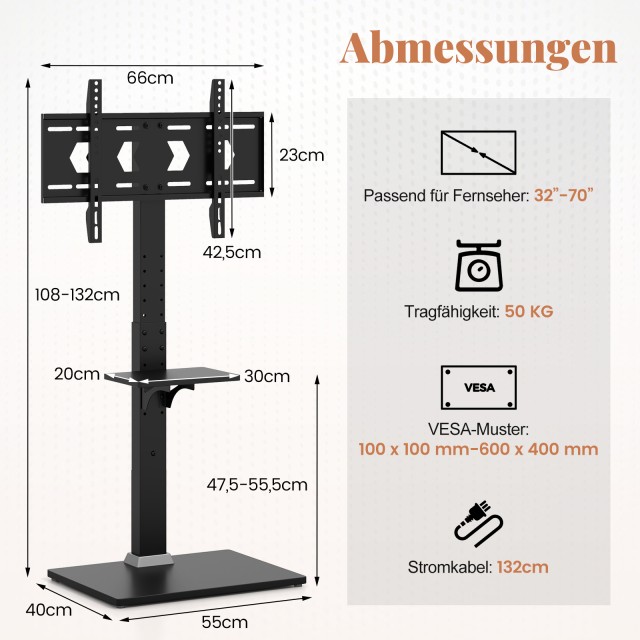 Costway Ρυθμιζόμενος TV Σταντ για 32-70 ίντσες, έως 45 KG με 2 Πρίζες & USB/Type C TL35774DE
