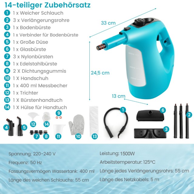 Costway  Καθαριστής Ατμού 1500W με Δοχείο 400 ML Θερμοκρασία έως 125℃ Φορητή Συσκευή Καθαρισμού Μπλε ES10287DE-BL