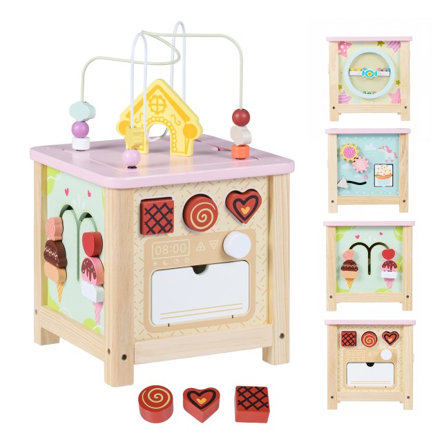 Costway Ξύλινος κύβος δραστηριοτήτων 7 σε 1 με λαβύρινθο χαντρών, παιχνίδι σχημάτων και αποθηκευτικό χώρο, 47 x 29 x 29 cm TM10217