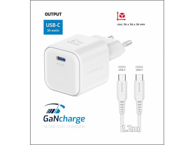 SWISSTEN Φορτιστής GaN 1x USB-C 35W με Υποστήριξη Γρήγορης Φόρτισης και Καλώδιο Δεδομένων USB-C/USB-C 1.2 μ Λευκό 8595217484443