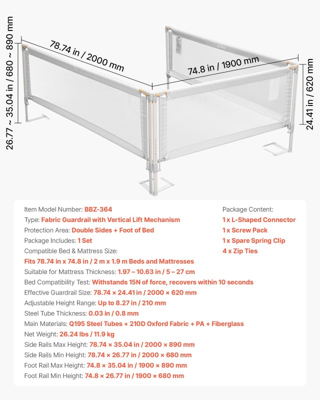 VEVOR Προστατευτικό Κάγκελο Κρεβατιού Μωρού 2000 x 680 mm - Ρυθμιζόμενο Ύψος 210 mm, 3 Όψεων, Γκρι YYECLHHLBYSXMTV7G001V0
