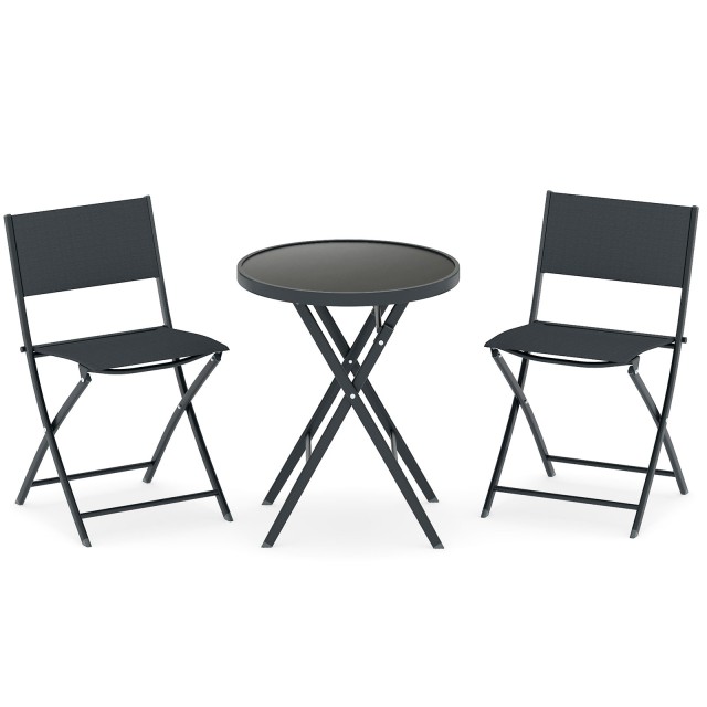 Costway Πτυσσόμενο Bistro Σετ Κήπου με Αναπνέον Κάθισμα & Επιφάνεια Τραπεζιού από Σκληρυμένο Γυαλί σε Μαύρο Χρώμα NP12592