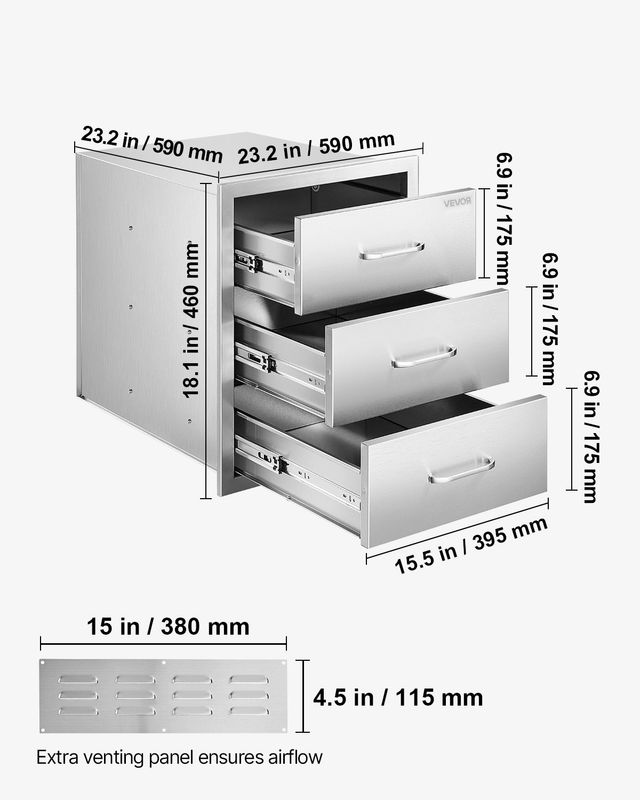 VEVOR Τριπλό Ανοξείδωτο Σύστημα Συρταριών 46x59x59 εκ. για Εξωτερική Κουζίνα CGCTJ3CT185WKR3X3001V0