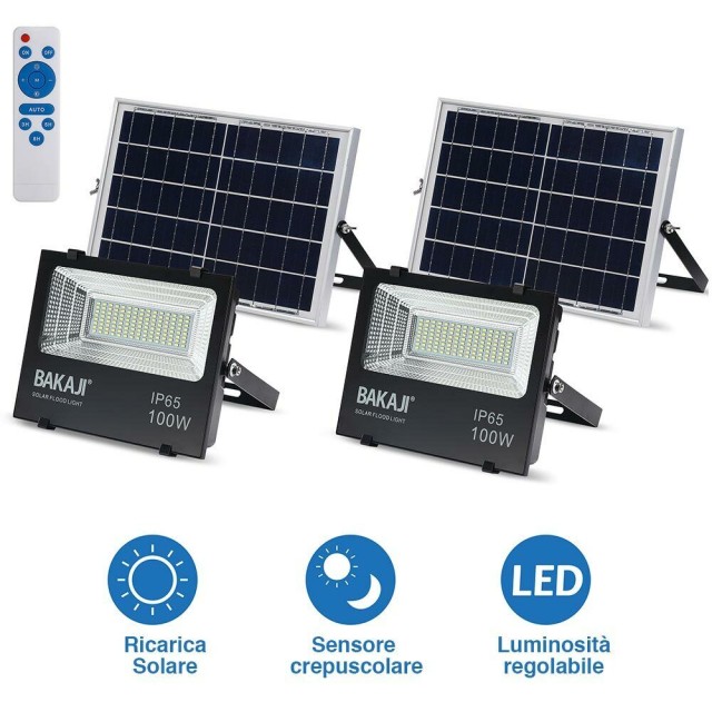 BAKAJI  Σετ 2 Fari LED 100W Ηλιακός Πάνελ Φως Εξωτερικού Χώρου Ρυθμιζόμενο 1000lm + Τηλεχειριστήριο  02834429