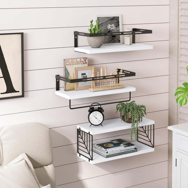 BAKAJI  Σετ 3 + 1 Λευκά Ξύλινα Ράφια Τοίχου Πολυλειτουργική Σύνθεση Αποθήκευσης 02841428