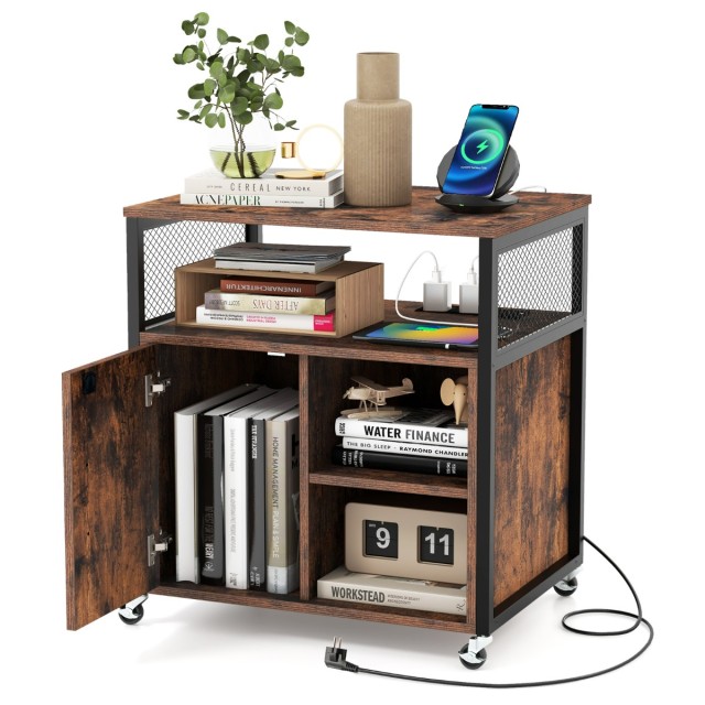 Costway Κινητό Ντουλάπι Γραφείου με Σταθμό Φόρτισης & Οπή για Διαχείριση Καλωδίων - Καφέ CB10693DE-CF