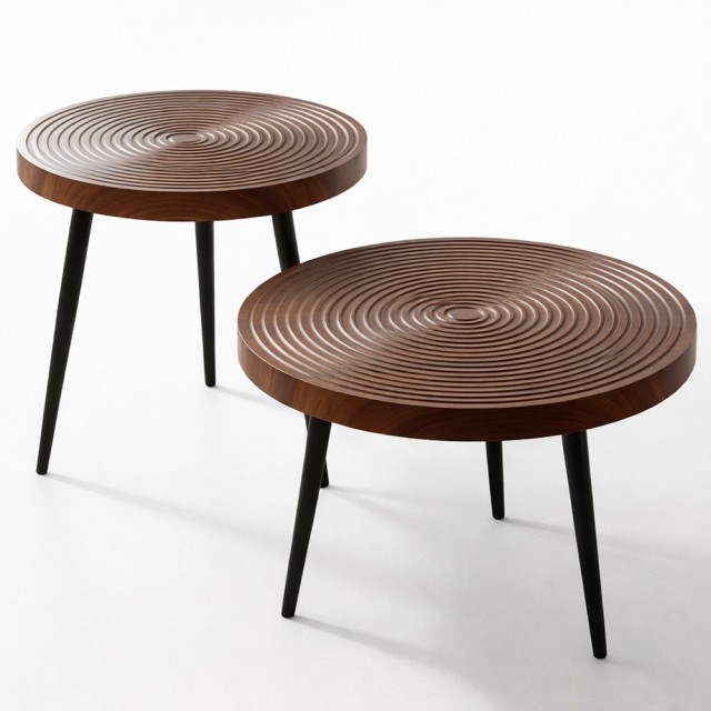 BAKAJI Σετ 2 Στρογγυλά Τραπεζάκια Καφέ Βιομηχανικού Σχεδιασμού σε Καρυδί 02001960