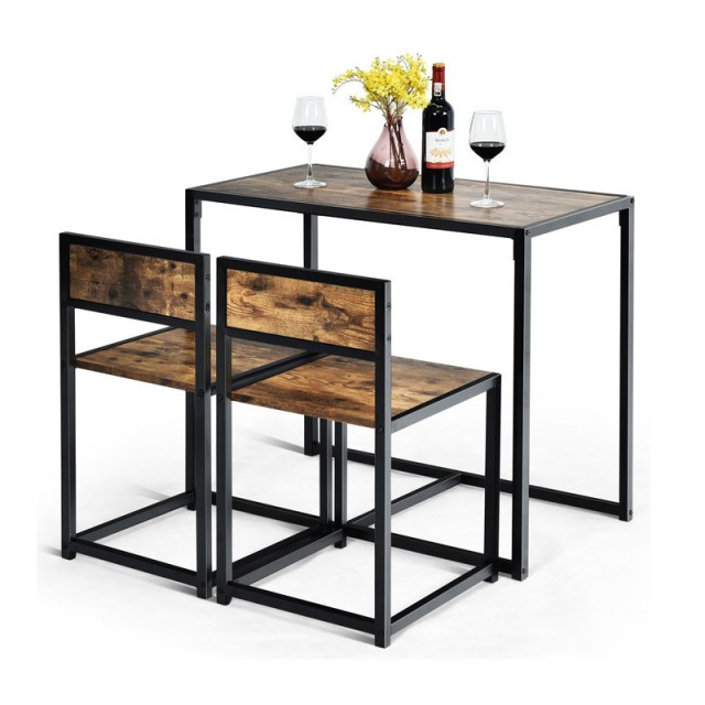 Σετ Μεταλλικό Ορθογώνιο Τραπέζι Τραπεζαρίας 90 x 47 x 76 cm με 2 Καρέκλες Χρώματος Καφέ Σκούρο Costway KC58674CF