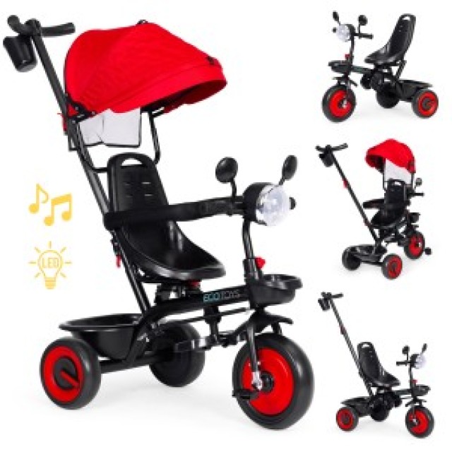 ECOTOYS Τρίκυκλο παιδικό καρότσι 3 σε 1 με περιστρεφόμενο κάθισμα και κόκκινη οροφή WQL-066-51-Red