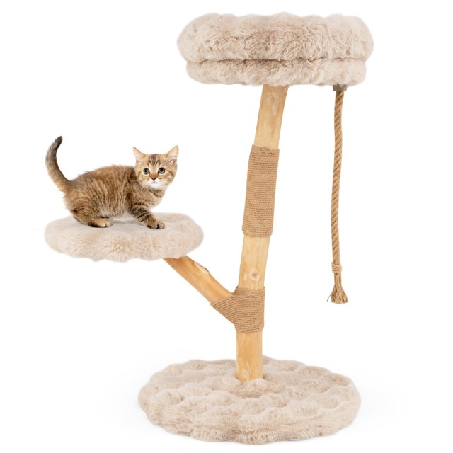 Costway Γατόδεντρο από μασίφ ξύλο 90 εκ. με 3 λούτρινες πλατφόρμες, σχοινί και κολόνες ονυχοδρόμιο, μπεζ, 90 x 50 x 50 cm PV10274MS