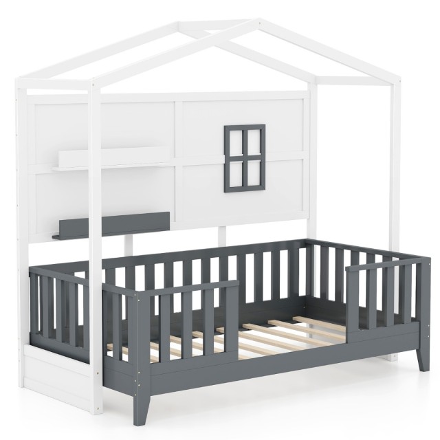 Costway Παιδικό Κρεβάτι Montessori 90 x 200 cm Σπιτάκι από Μασίφ Ξύλο με Ράφια και Προστατευτικά Κάγκελα HU10793WHT+