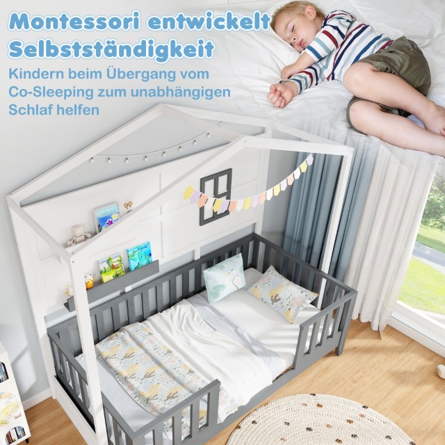 Costway Παιδικό Κρεβάτι Montessori 90 x 200 cm Σπιτάκι από Μασίφ Ξύλο με Ράφια και Προστατευτικά Κάγκελα HU10793WHT+