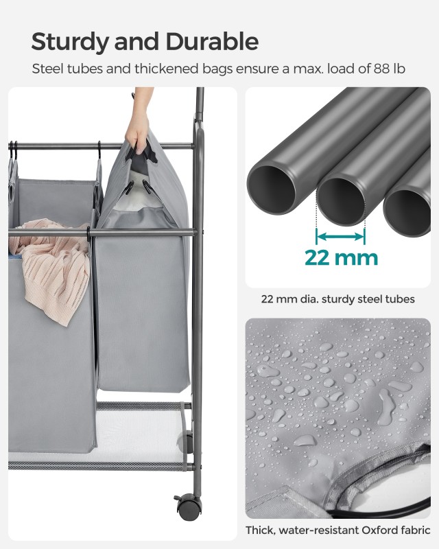 Τετράθεσιο Καλάθι Απλύτων με Ρόδες και Κρεμάστρα SONGMICS, 4 x 13.2 Gal., Γκρι 