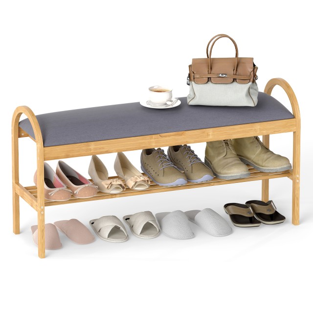 Costway Πάγκος Παπουτσιών από Μπαμπού 51 x31x101x cmμε Επενδυμένο Καπάκι, Κρυφή Αποθήκευση & Ράφι Παπουτσιών - Γκρι JV12252GR