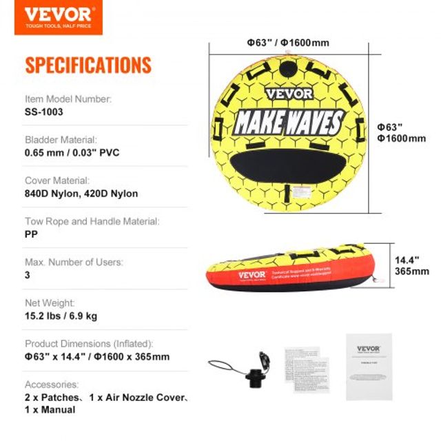 VEVOR Φουσκωτό Τούμπα Θαλάσσης για 1-3 Άτομα, 510 lbs, 63 Στρογγυλό, Πλήρης Κάλυψη Νάιλον, Λαβές EVA, Βαλβίδα Ασφαλείας CQTLPDYX3R000A9FSV0
