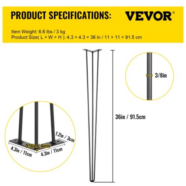 Σετ 4 Μαύρα Πόδια Τραπεζιού VEVOR Hairpin 36 (Φορτίο 880lbs) για Έπιπλα DIY TZZT4PCS36YC3G001V0