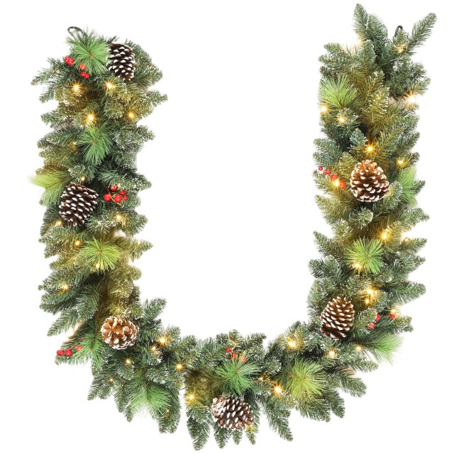 HOMCOM Χριστουγεννιάτικο Γιρλάντα 180 cm με Χιονισμένα Κλαδιά και 30 Λευκά Φώτα, Κουκουνάρια και Μούρα για Εσωτερικούς Χώρους 83C-132V00GN