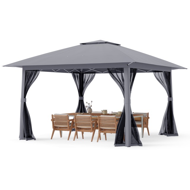 Costway Πτυσσόμενο κιόσκι κήπου Pop-Up 4 x 4 μ. με 4 κουνουπιέρες, διπλή οροφή και τσάντα μεταφοράς, γκρι, 277 x 394 x 394 cm NP12382GR